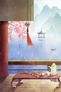 古风夏夏插画图片_中国风场景古风廊桥红柱珠帘品茶山水风景