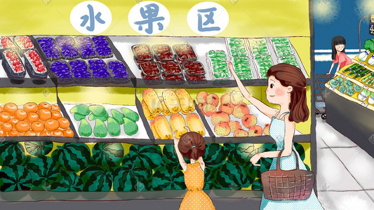 双11页面插画图片_夏天女孩在超市买水果购物可爱风图促销购物618