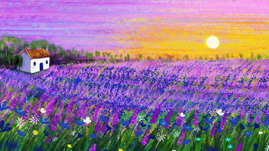 天空、紫色插画图片_紫色薰衣草花油画风景花海天空夕阳插画背景