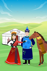 马马插画图片_少数民族蒙古族草原上女孩跳舞男孩牵马