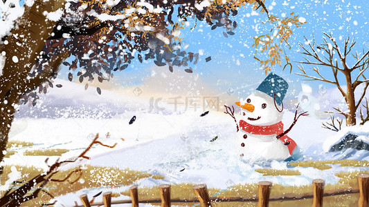雪地背景插画图片_冬天冬至雪堆雪人树天空雪地雪花风景背景