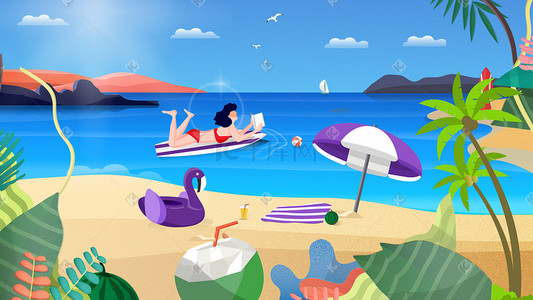 西瓜沙滩插画图片_夏季沙滩板上冲浪插画