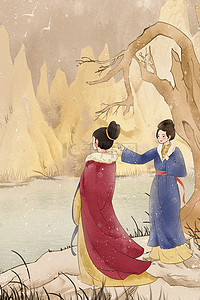 手绘中国风古代生活工笔复古女子郊游