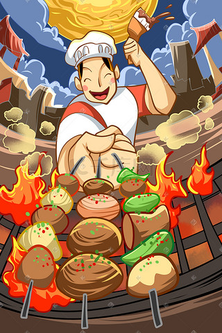 火锅烧烤插画图片_红色系卡通手绘风美食烧烤配图