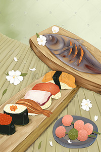 烤鱼插画图片_日式美食寿司烤鱼插画