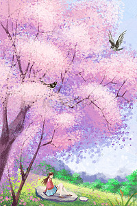 樱花节手绘立夏粉色清新少女人物插画