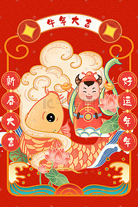 中国风贴春联插画图片_牛年新年福娃鲤鱼拜年