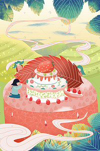 女孩在大蛋糕上庆祝生日的梦幻仙境