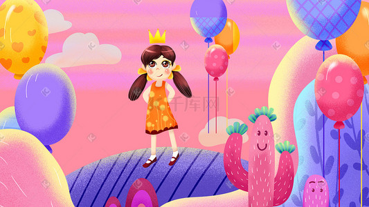 粉色系卡通手绘风儿童节女孩气球配图六一