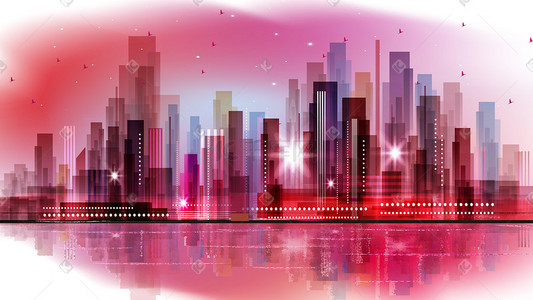 城市红色剪影插画图片_印象派城市生活插画科技