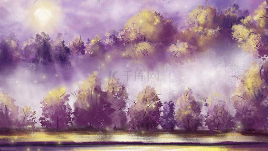 春晚插画图片_浪漫唯美风景树林紫色黄金色月亮油画风背景