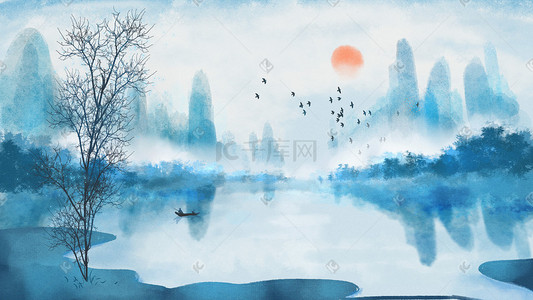 古风插画图片_中国风水墨山水场景