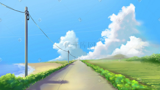 云的天空插画图片_乡间小路沙滩的夏天