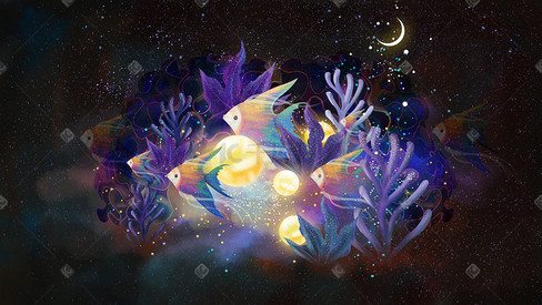 夏天紫色五彩大海海洋海底海珊瑚鱼珍珠发光梦幻插画背景
