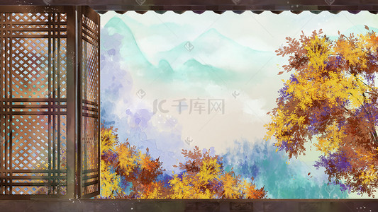 农村带院二层别墅插画图片_秋季远山别墅秋天风景