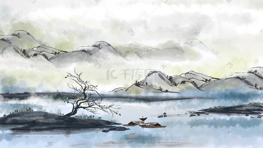 水彩风景背景插画图片_古风水墨风景背景