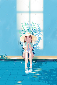 夏天八月你好美女树叶水处暑唯美插画背景