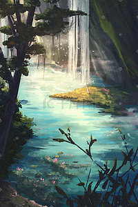 池塘瀑布插画图片_油画风别有洞天的森林风景