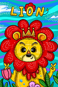 狮子插画图片_保护野生动物狮子色彩缤纷涂鸦