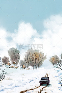 雪中小镇乡村风景水彩画