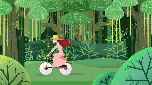 绿色系卡通手绘风夏景自行车女孩配图