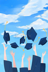 毕业天空插画图片_手绘可爱学生毕业丢帽子高考