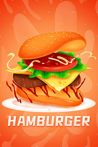牛排美食插画图片_红色矢量美食汉堡