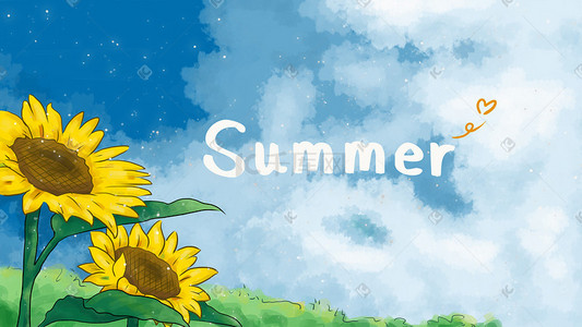 干枯的向日葵插画图片_蓝色漫画风立夏夏天向日葵天空云