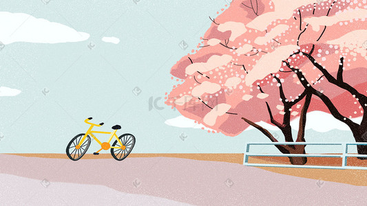 路面画线插画图片_粉色系治愈唯美天空云朵樱花树自行车路面