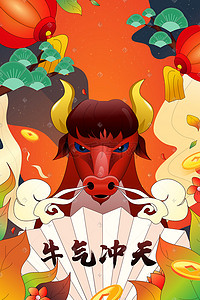 春节扇子扇子插画图片_2021牛年新年国潮红牛拿扇子红红火火