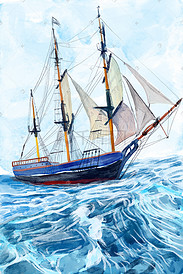 夏天水彩大海帆船海上航行插画背景