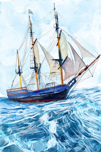 夏天水彩大海帆船海浪海上航行插画背景