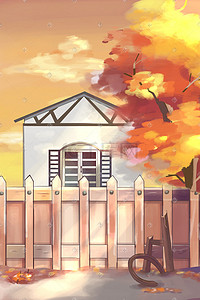 围栏房子插画图片_秋天院子里的景色插画