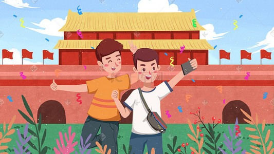 拿自拍杆自拍插画图片_国庆节出游自拍党