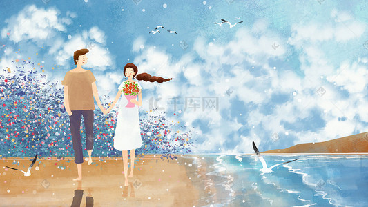 海边情侣浪漫插画图片_海边情侣散步温馨幸福风景