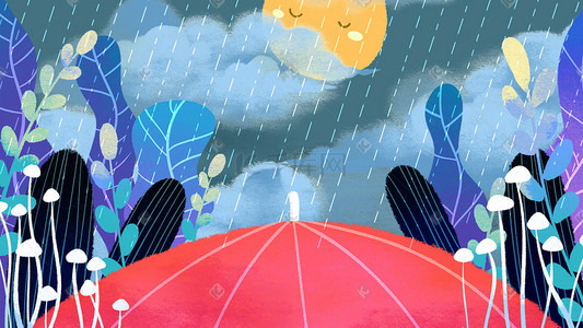 卡通手绘风夏景阴雨天配图