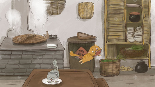 腊肠炒菜插画图片_古风主题之古代厨房偷吃鱼的猫场景