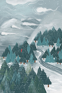 森林风景手绘插画图片_大雪童话风噪点手绘插画