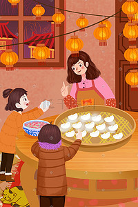春节新年牛年灯笼插画图片_新年春节牛年2021烟火包饺子