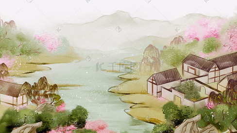 中国风水墨山水画古代生活建筑