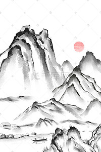 黑色山峦插画图片_水墨山水画山峦间的河流