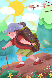 51劳动节少女旅游旅行登山风景卡通插画