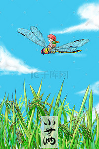 活动海报夏天插画图片_二十四节气小满女孩骑蜻蜓飞过稻田小清新图
