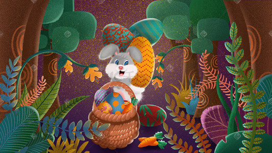 森林之子插画图片_复活节可爱小兔子与复活节彩蛋