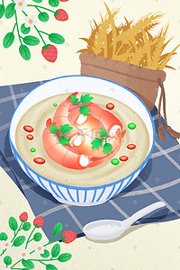 垂钓龙虾插画图片_美食海鲜龙虾小麦粥