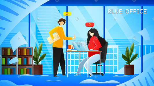 蓝色科技背景科技插画图片_蓝色矢量扁平商务办公会议室开会背景科技