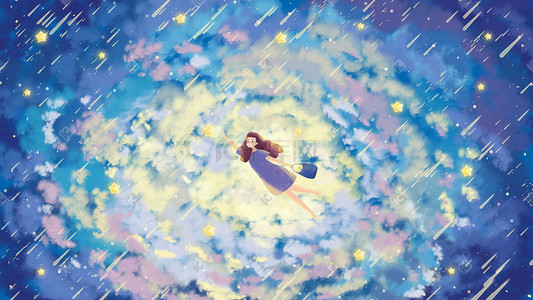 女孩在星空中摘星星治愈系