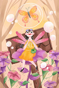 夏天立夏卡通可爱女孩与花与蝴蝶暖色系配图