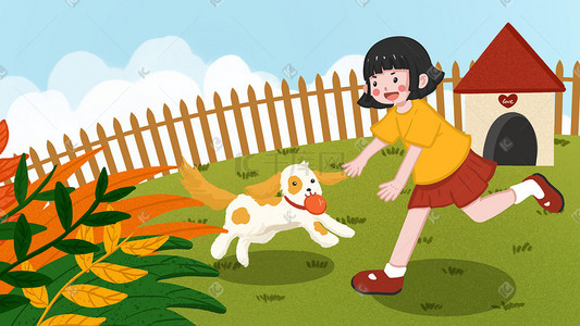 宠物狗粮插画图片_女孩和宠物狗户外玩耍