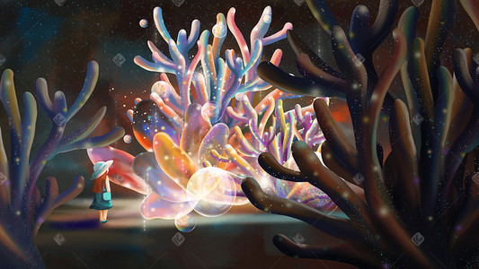 荧光海洋插画图片_夏天海底生物海珊瑚大海海洋海底世界水草珊瑚女孩背景